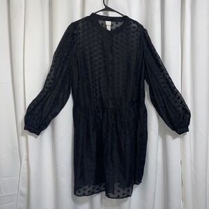 Black Sheer Polka Dot Button Front Puff Sleeve Drop Waist Babydoll Dress